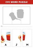 Education game for children to learn cvc word by complete the puzzle of cute cartoon red jam picture printable worksheet vector