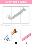 Education game for children to learn cvc word by complete the puzzle of cute cartoon pen picture printable worksheet vector