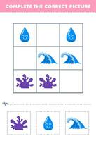 Education game for children complete the correct picture of a cute cartoon water wave and coral printable nature worksheet vector