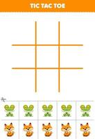 Education game for children tic tac toe set with cute cartoon frog and fox picture printable animal worksheet vector