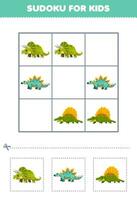 Education game for children easy sudoku for kids with cute cartoon triceratops stegosaurus dimetrodon printable prehistoric dinosaur worksheet vector