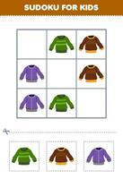 Education game for children easy sudoku for kids with cute cartoon sweater printable clothes worksheet vector