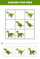 Education game for children easy sudoku for kids with cute cartoon green dinosaur printable prehistoric dinosaur worksheet vector