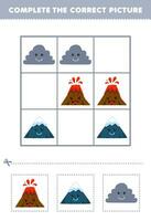 Education game for children complete the correct picture of a cute cartoon volcano mountain and cloud printable nature worksheet vector