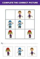 Education game for children complete the correct picture of a cute cartoon pirate crew printable pirate worksheet vector