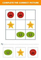 Education game for children complete the correct picture of a cute cartoon oval star and circle printable shape worksheet vector