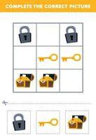 Education game for children complete the correct picture of a cute cartoon key padlock and treasure chest printable pirate worksheet vector