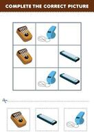 Education game for children complete the correct picture of a cute cartoon kalimba harmonica and whistle printable music instrument worksheet vector