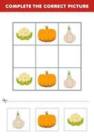 Education game for children complete the correct picture of a cute cartoon garlic pumpkin and cauliflower printable vegetable worksheet vector