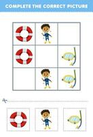 Education game for children complete the correct picture of a cute cartoon lifebuoy diver and surfing goggles printable profession worksheet vector