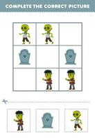 Education game for children complete the correct picture of a cute cartoon frankenstein tombstone and zombie printable halloween worksheet vector