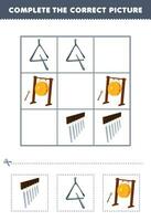 Education game for children complete the correct picture of a cute cartoon chimes triangle and gong printable music instrument worksheet vector