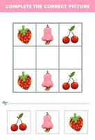 Education game for children complete the correct picture of a cute cartoon cherry cashew and strawberry printable fruit worksheet vector