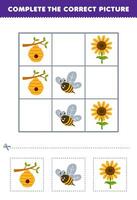 Education game for children complete the correct picture of a cute cartoon bee sunflower and bee hive printable farm worksheet vector
