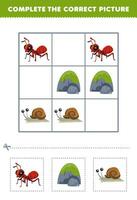 Education game for children complete the correct picture of a cute cartoon ant stone and snail printable bug worksheet vector