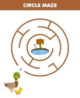 Education game for children circle maze draw line help duck move to the pond printable farm worksheet vector