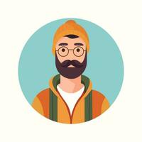 User profile avatar of person with beard, mustache, wearing knitted hat on head. Man face portrait in circle. Vector illustration