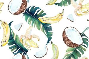 Seamless pattern of coconut and banana,leaves and tropical fruit plant painted in watercolor.For fabric and wallpaper designs from the forest.Natural aloha vintage pattern background. vector