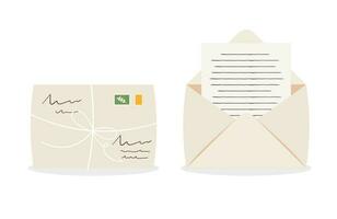 Closed and open envelope with cardboard label, stamps and handwritten paper letter. Letter mail delivery concept vector