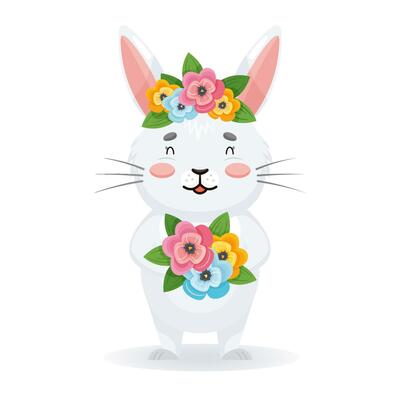 Cute gray rabbit stands with a bouquet of flowers in his hands. Beautiful Girl bunny with wreath on head