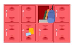 Open school locker with a stack of books inside and school backpack on the door vector