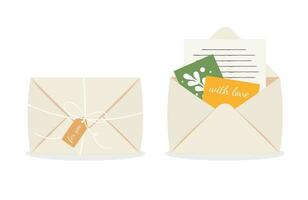 Closed and open envelope with cardboard label tied with thread and romantic postcards. Letter mail delivery concept. vector