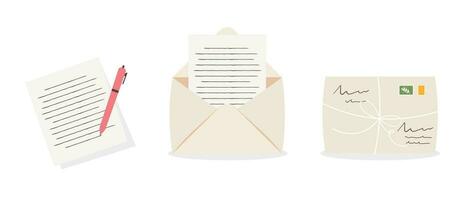 Sending envelope with letter. Envelope with stamps, written paper letter. Mail delivery vector