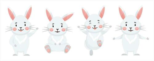 Set of baby gray rabbit in different poses, sitting, standing, waving, jumping vector