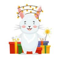 Happy rabbit with a garland on the ears and a sparkler in the paw. Smiling Christmas bunny with gifts vector