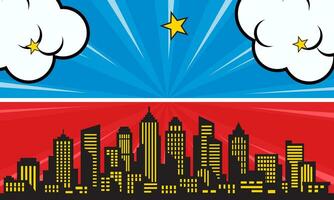 pop art comic background with city silhouette and cloud illustration. flat comic style background vector