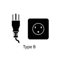 Type B plug and socket vector in silhouette style isolated on a white background. Outlet plug icon.