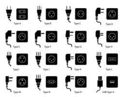 16 different types of plugs and sockets in use worldwide as classified by World Standards. Outlet plugs icons set vector in silhouette style isolated on a white background.