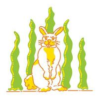 Vector Design of a Rabbit With a Strange Smile While Standing in Front of Leaves