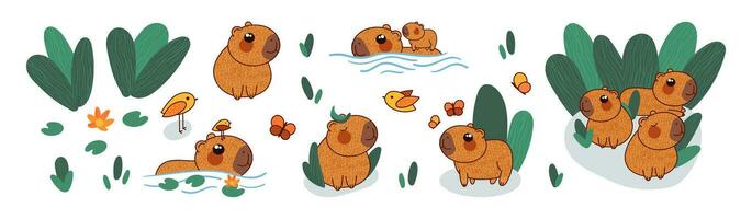 Cute capybara characters set cartoon vector illustration