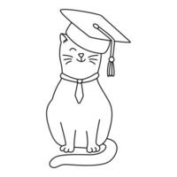 A cute cat with a graduate hat. Hand drawn doodle vector illustration, black outline. Back to school theme element.