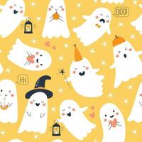 Cute  ghosts with different emotions and face expressions seamless pattern. White scary spirits in cartoon style. Vector illustrations for Halloween