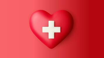 Realistic red heart with white cross in 3D style. Symbol of medicine and first aid. Vector illustration.