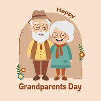 Happy Grandparents Day. Holiday design with cute older couple for social media post, banner, poster, card. Grandma and grandpa hugging each other. Vector flat illustration on beige background