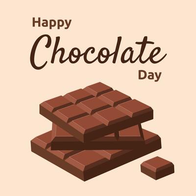 Happy Chocolate Day. Holiday design with chocolate bars stacked on top of each other for social media post, banner, poster, card. Vector flat illustration isolated on blue background