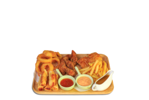 tasty crunchy onion ring, french fries, sausage, fried cheese, pacanga pastry, hot snack plate. Special spice png