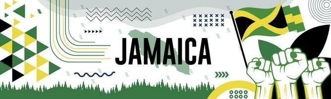 JAMAICA national day banner with map, flag colors theme background and geometric abstract retro modern colorfull design with raised hands or fists. vector