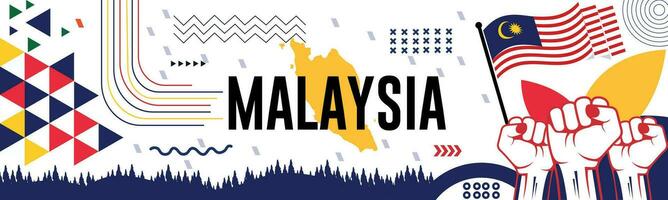 Malaysia national day banner with map, flag colors theme background and geometric abstract retro modern colorfull design with raised hands or fists. vector