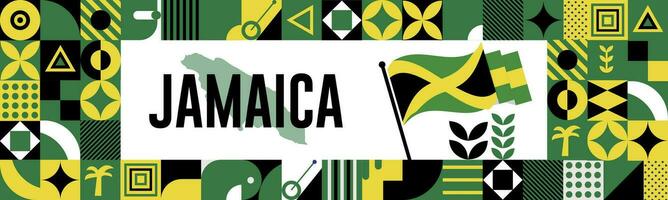 JAMAICA national day banner with map, flag colors theme background and geometric abstract retro modern colorfull design with raised hands or fists. vector