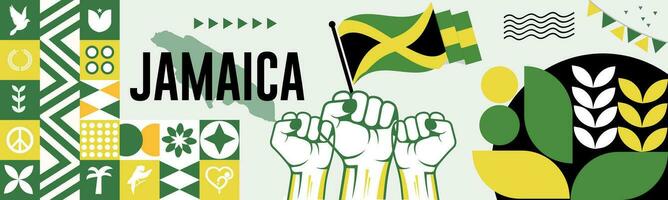 JAMAICA national day banner with map, flag colors theme background and geometric abstract retro modern colorfull design with raised hands or fists. vector