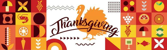 thanksgiving creative banner, turkey bird and colors theme background and geometric abstract retro modern colorful  design. abstract modern design. vector