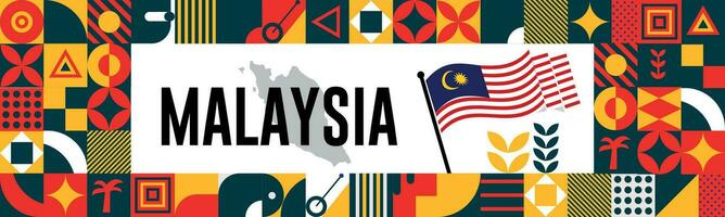 Malaysia national day banner with map, flag colors theme background and geometric abstract retro modern colorfull design with raised hands or fists. vector