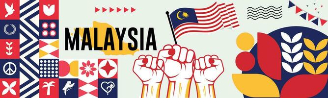 Malaysia national day banner with map, flag colors theme background and geometric abstract retro modern colorfull design with raised hands or fists. vector