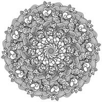 Creative mandala with fantasy eggs and bunches of leaves, coloring page with linear waves vector