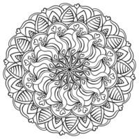 Outline mandala with waves and striped petals, meditative zen coloring book with hearts vector