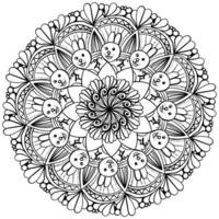 Mandala with bunnies and fantasy floral patterns vector